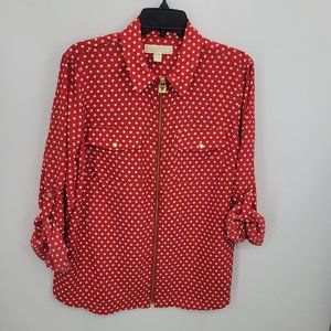 Michael Kors Top Womens Plus 1X Red White Polka Dop Zip Up Roll Tab Sleeve